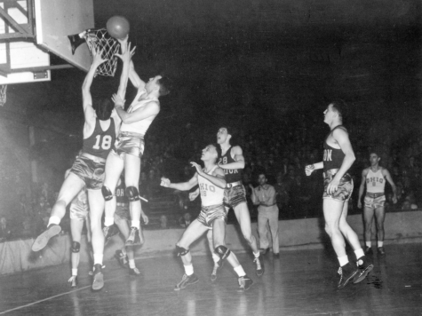 A basket is made in the first ever NCAA Men’s Basketball National Championship, held on March 27, 1939, between the University of Oregon and Ohio State University. 