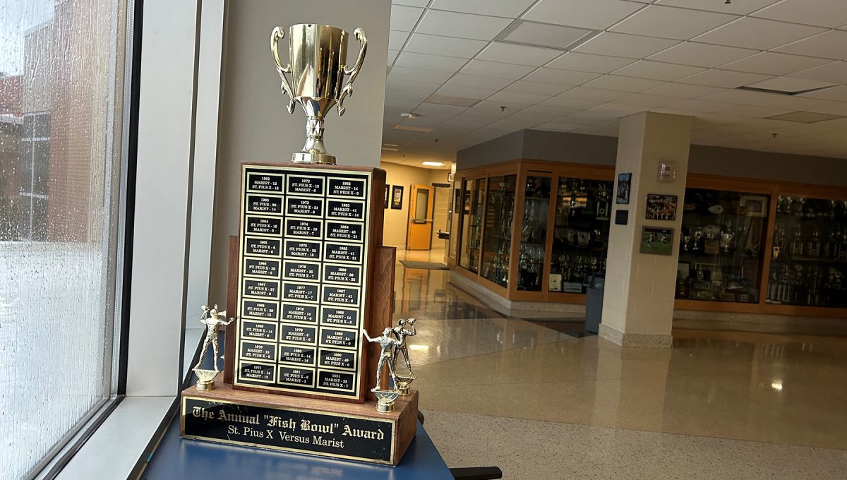 The Fish Bowl trophy, as it is known, can be found in the Athletics Office on the second floor of Centennial Center, at least until St. Pius X pulls off their next varsity football victory.