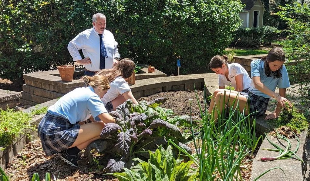 Teacher Kevin Lisle looks on as students clear the garden of weeds in preparation of the spring planting.