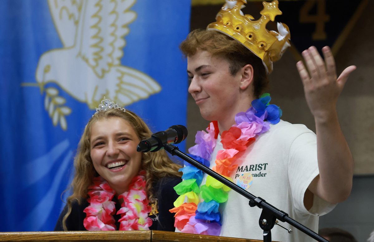 Co-Presidents Cece Watson and Ryan Akin address the student body during one of the many assemblies. (Photographer: Brian Collier)