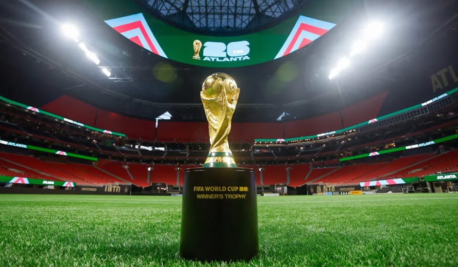 The FIFA World Cup Trophy descends on Mercedes-Benz Stadium. (Contributed)
